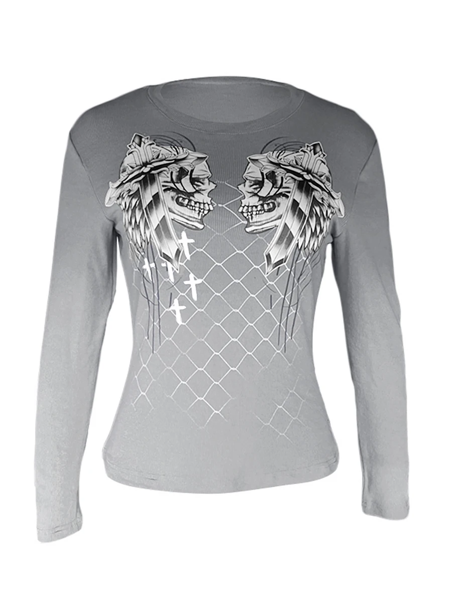 Womens Long Sleeve Tops T-Shirts Fairy Grunge Style Skull Pullover